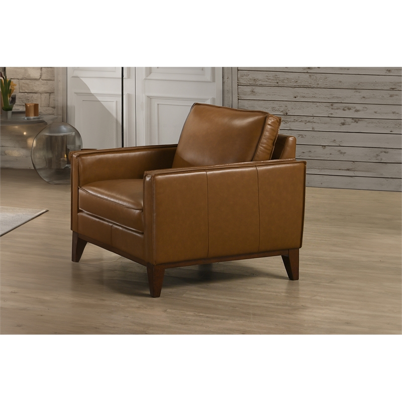 Pemberly Row Leather Upholstered Accent Chair in Caramel Brown