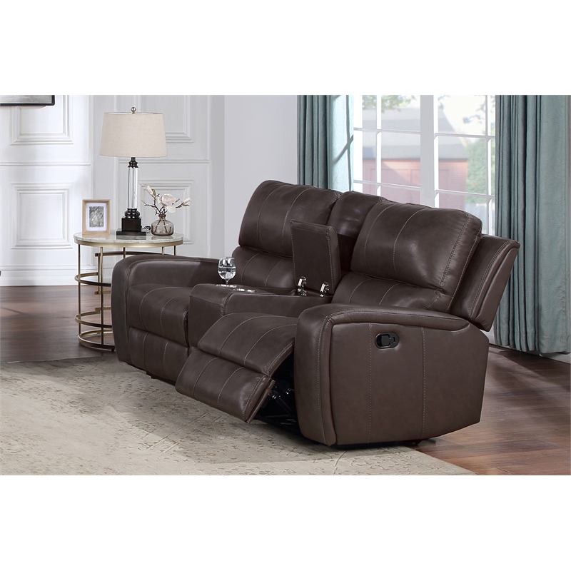 Pemberly Row Leather Console Loveseat with Dual Recliners in Brown