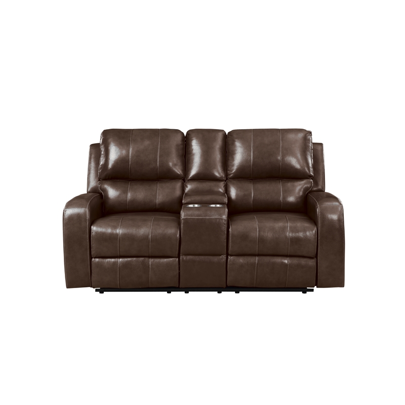 Pemberly Row Leather Console Loveseat with Dual Recliners in Brown