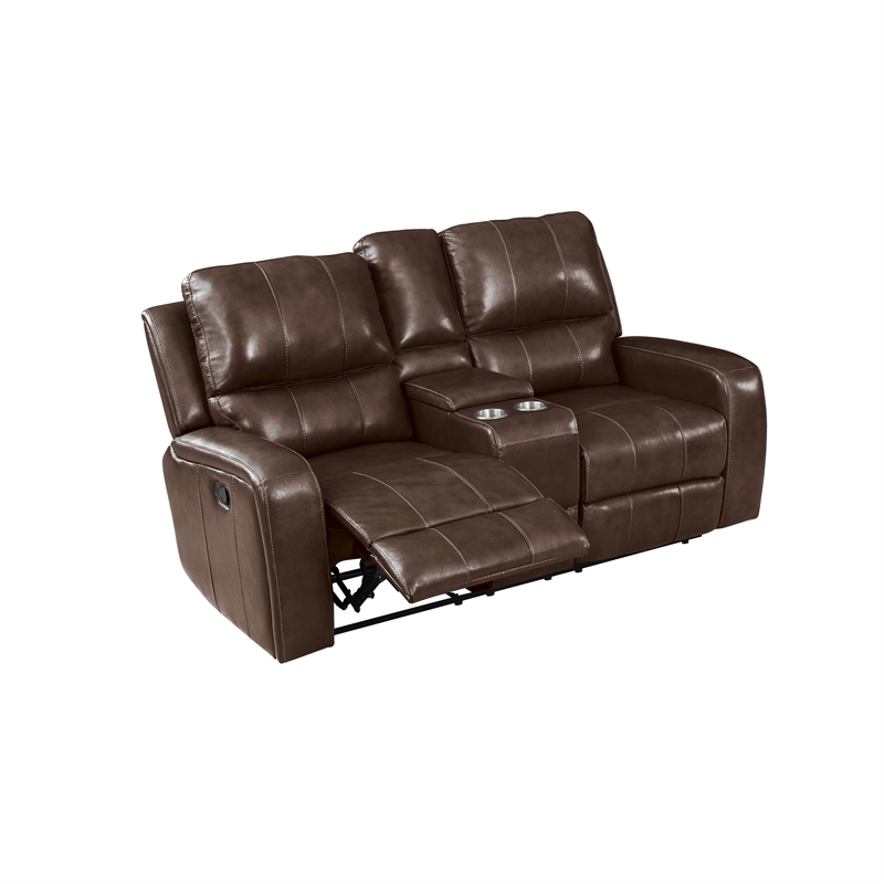 Pemberly Row Leather Console Loveseat with Dual Recliners in Brown