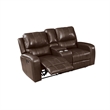 Pemberly Row Leather Console Loveseat with Dual Recliners in Brown