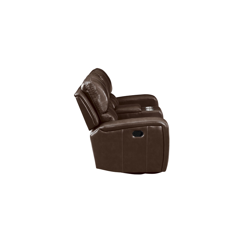 Pemberly Row Leather Console Loveseat with Dual Recliners in Brown