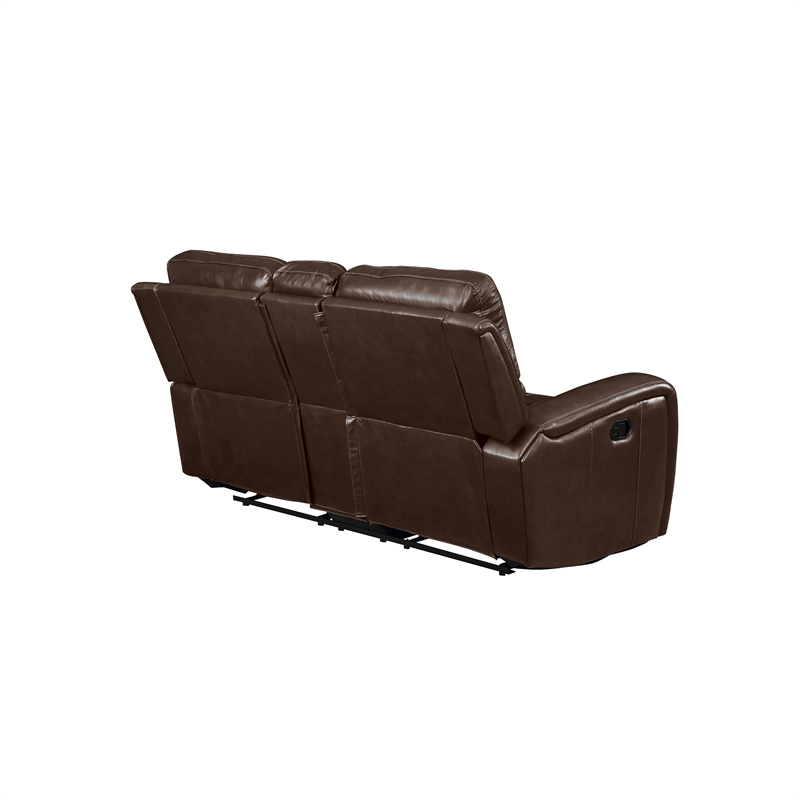Pemberly Row Leather Console Loveseat with Dual Recliners in Brown