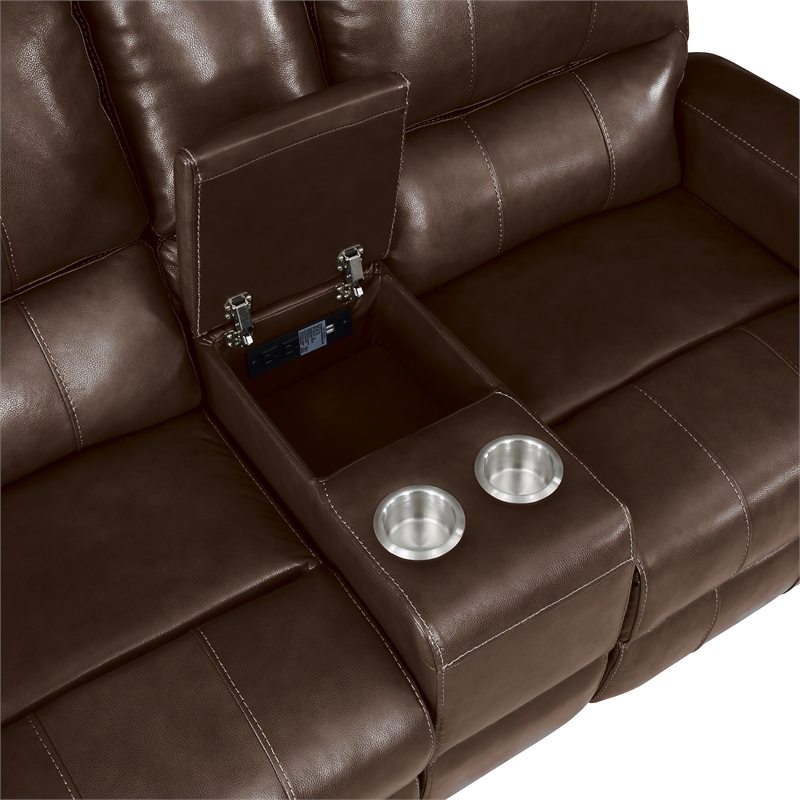 Pemberly Row Leather Console Loveseat with Dual Recliners in Brown