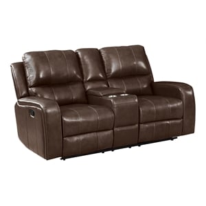 Pemberly Row Leather Console Loveseat with Dual Recliners in Brown