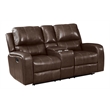 Pemberly Row Leather Console Loveseat with Dual Recliners in Brown