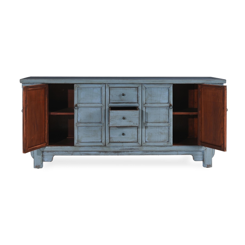 Pemberly Row 4-Door Reclaimed Pine Wood Blue Sideboard Buffet
