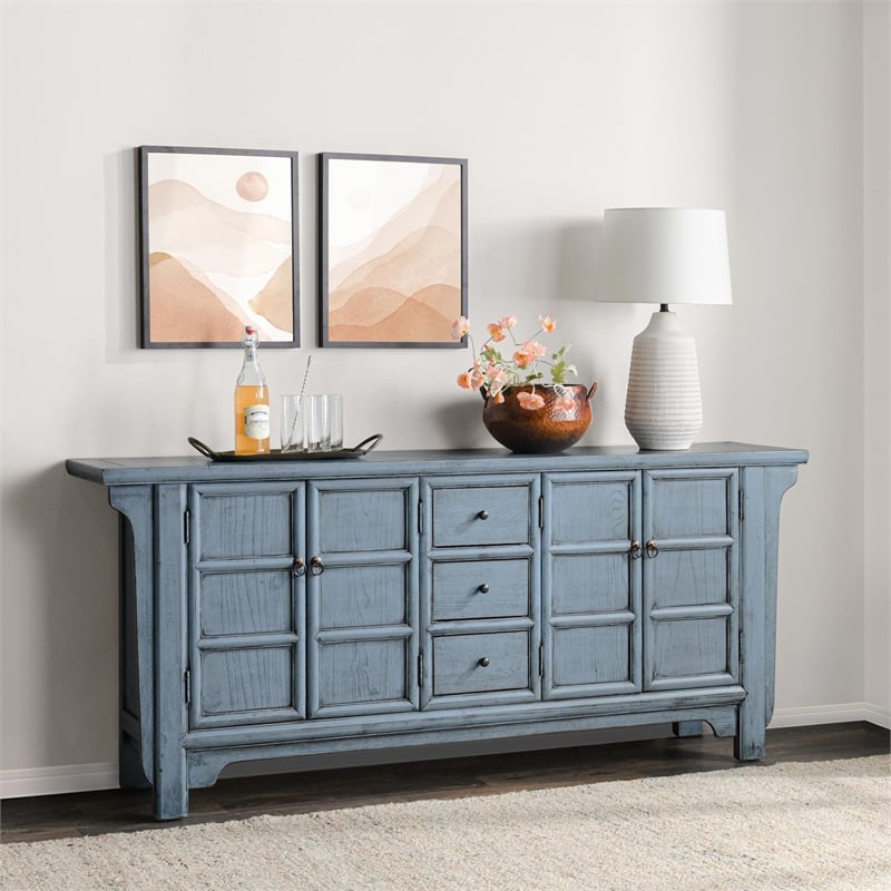 Pemberly Row 4-Door Reclaimed Pine Wood Blue Sideboard Buffet