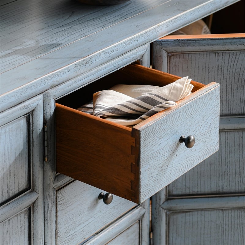 Pemberly Row 4-Door Reclaimed Pine Wood Blue Sideboard Buffet