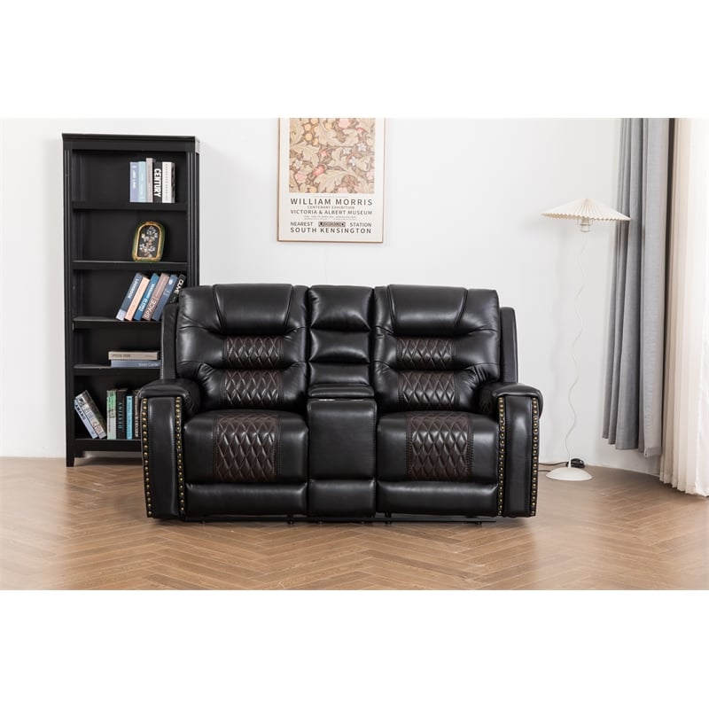 Pemberly Row Two Tone Faux Leather Livingroom Reclining Loveseat In Black