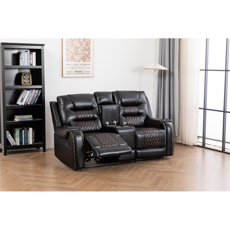 Pemberly Row Two Tone Faux Leather Livingroom Reclining Loveseat In Black