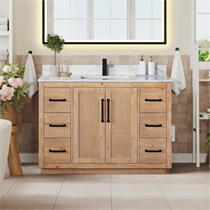 Pemberly Row 48&quot Wood Vanity in Light Brown Calacatta White Quartz Top no Mirror