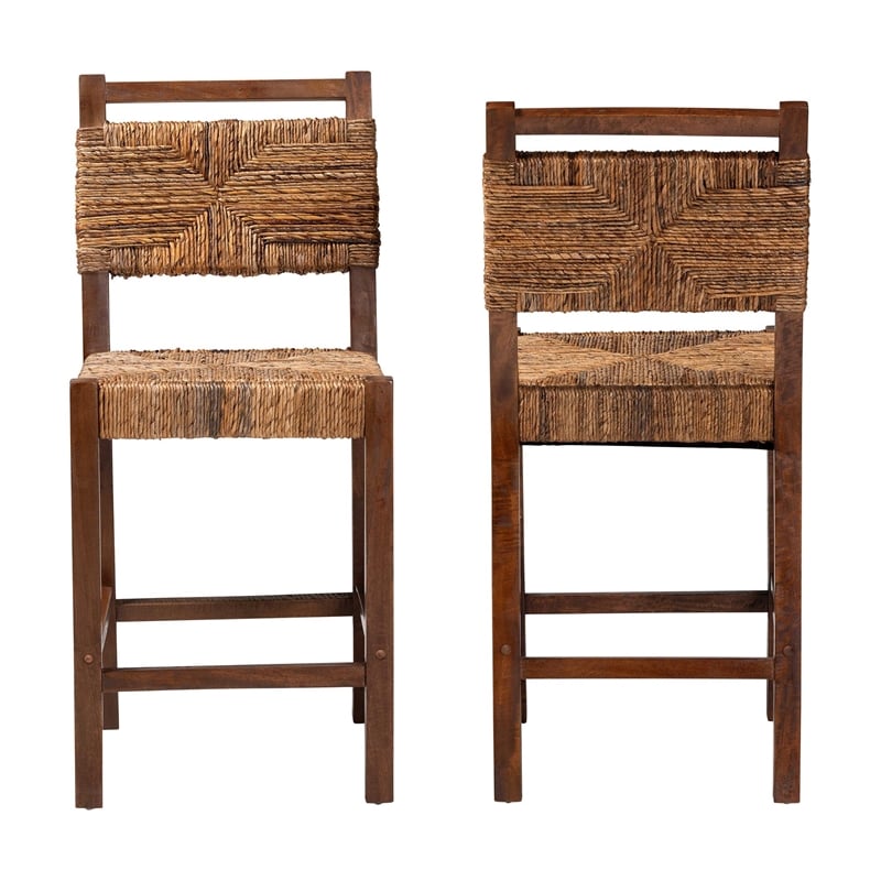 Pemberly Row Natural Seagrass and Mahogany Wood 2-Piece Counter Stool Set
