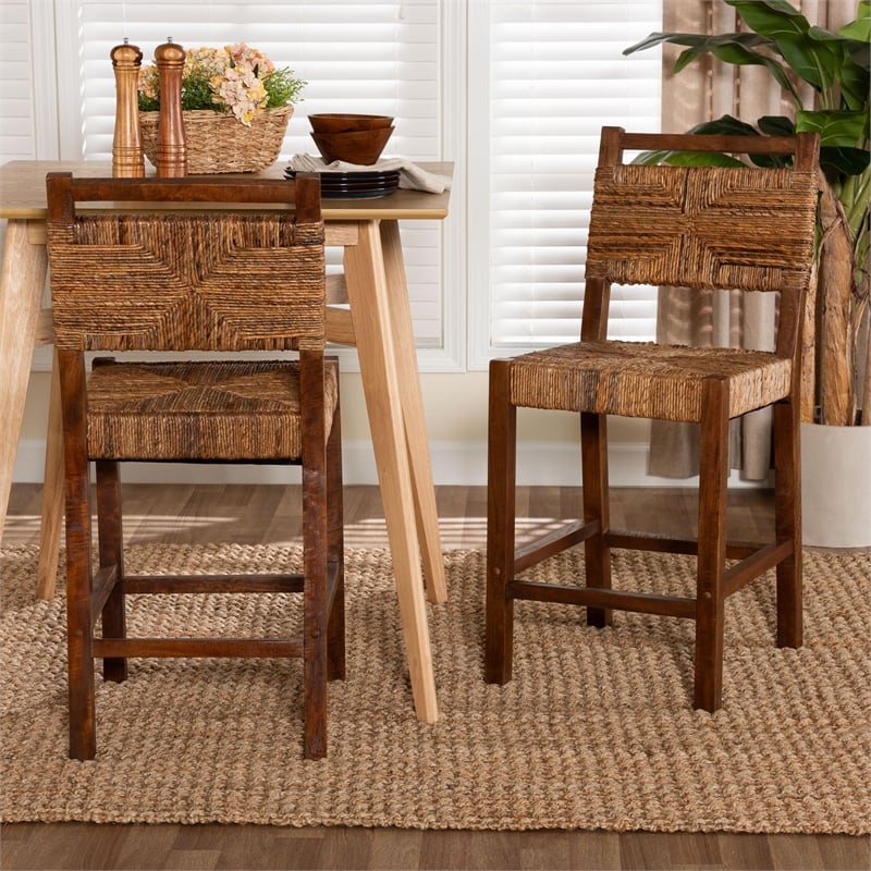 Pemberly Row Natural Seagrass and Mahogany Wood 2-Piece Counter Stool Set