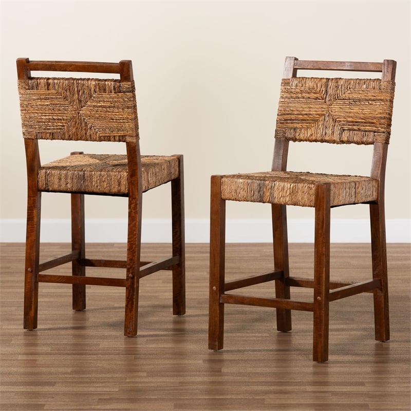 Pemberly Row Natural Seagrass and Mahogany Wood 2-Piece Counter Stool Set