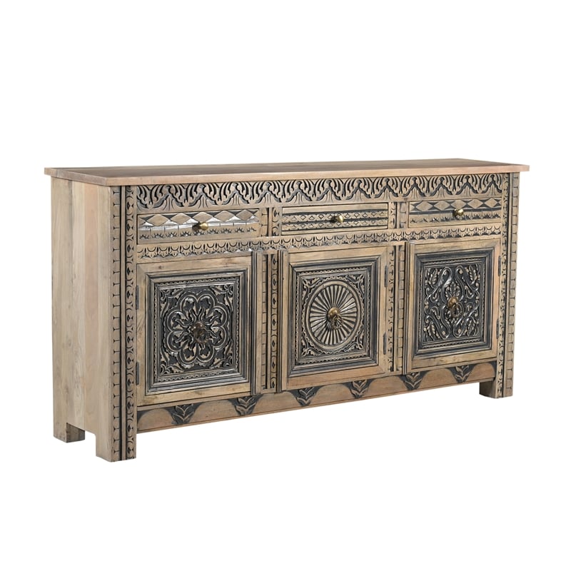 Pemberly Row 3-drawer 3-door Solid Wood Sideboard in Beige/Black