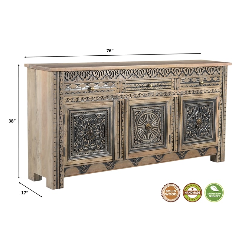 Pemberly Row 3-drawer 3-door Solid Wood Sideboard in Beige/Black