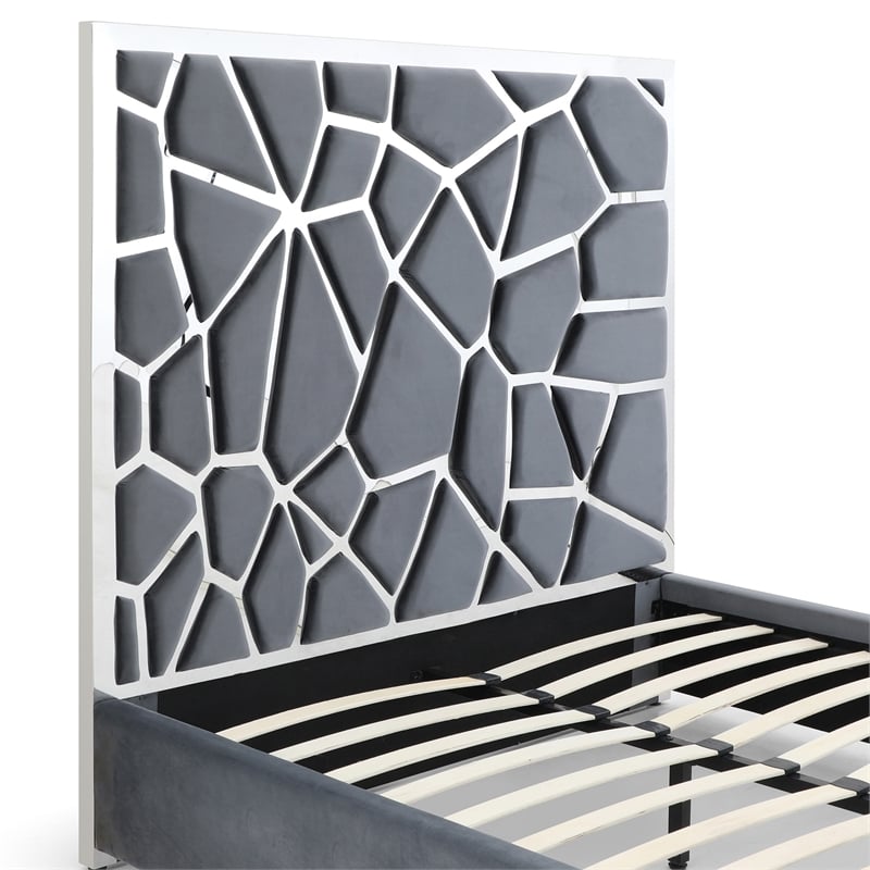 Pemberly Row Queen Velvet Bed with Silver Metal Frame in Gray Color