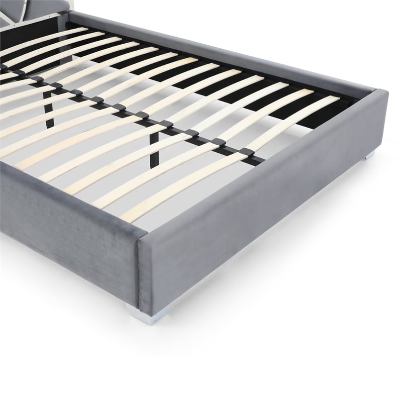 Pemberly Row Queen Velvet Bed with Silver Metal Frame in Gray Color