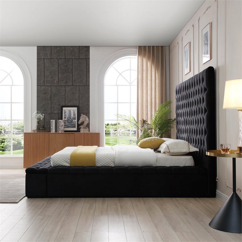 Pemberly Row Queen Velvet Tufted Upholstered Storage Platform Bed in Black