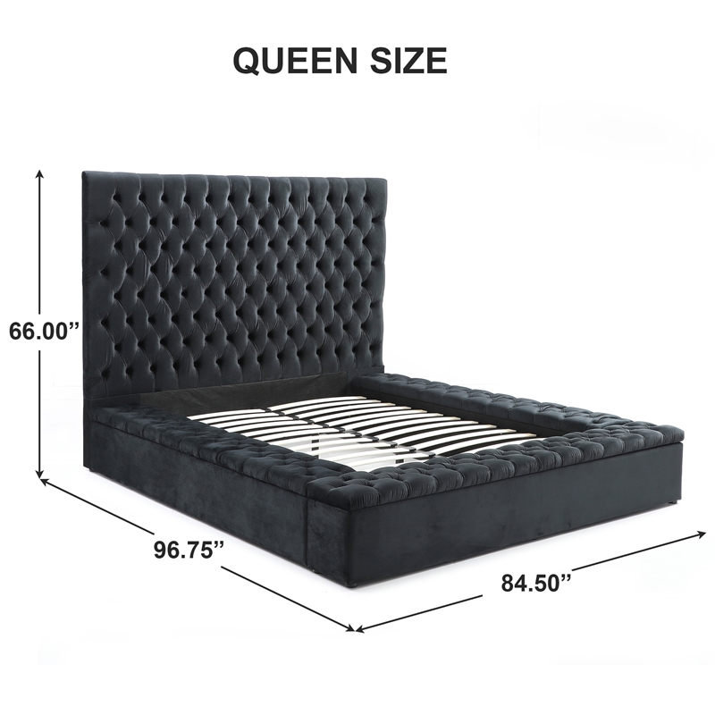 Pemberly Row Queen Velvet Tufted Upholstered Storage Platform Bed in Black