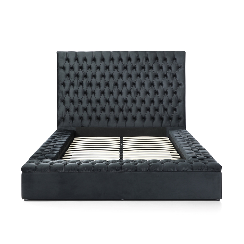 Pemberly Row Queen Velvet Tufted Upholstered Storage Platform Bed in Black