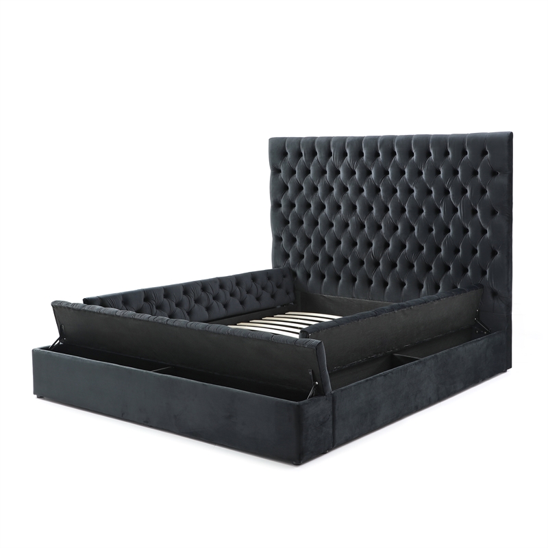 Pemberly Row Queen Velvet Tufted Upholstered Storage Platform Bed in Black