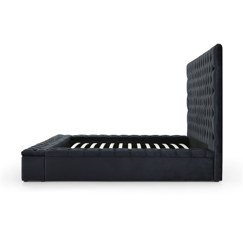 Pemberly Row Queen Velvet Tufted Upholstered Storage Platform Bed in Black