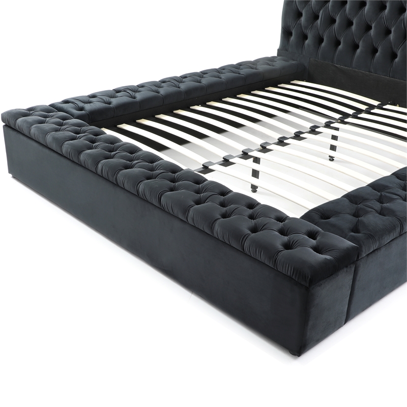 Pemberly Row Queen Velvet Tufted Upholstered Storage Platform Bed in Black