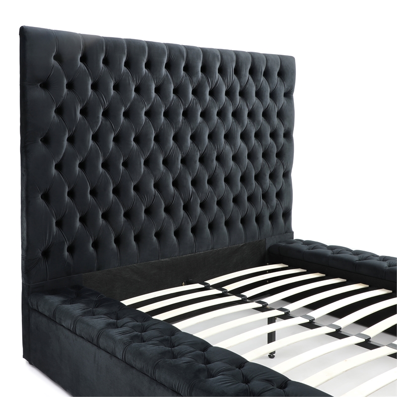 Pemberly Row Queen Velvet Tufted Upholstered Storage Platform Bed in Black