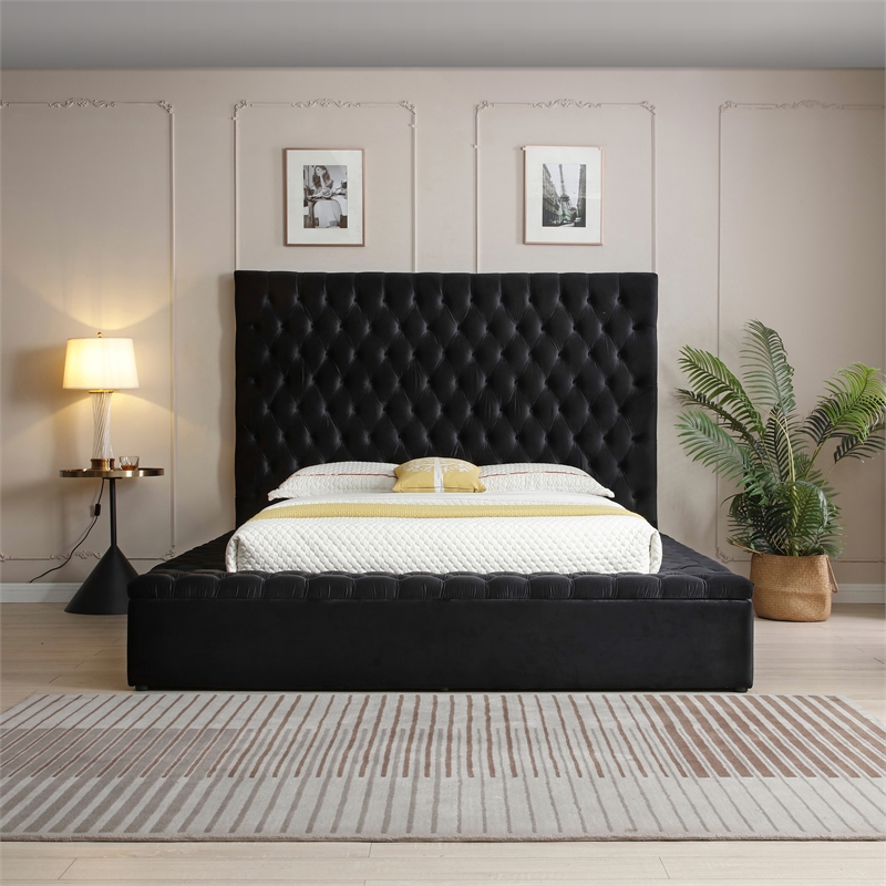 Pemberly Row Queen Velvet Tufted Upholstered Storage Platform Bed in Black
