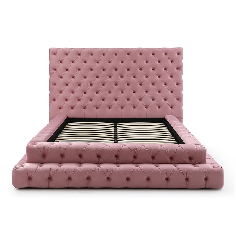 Pemberly Row Queen Size Luxurious Upholstered Velvet Bed in Pink Color