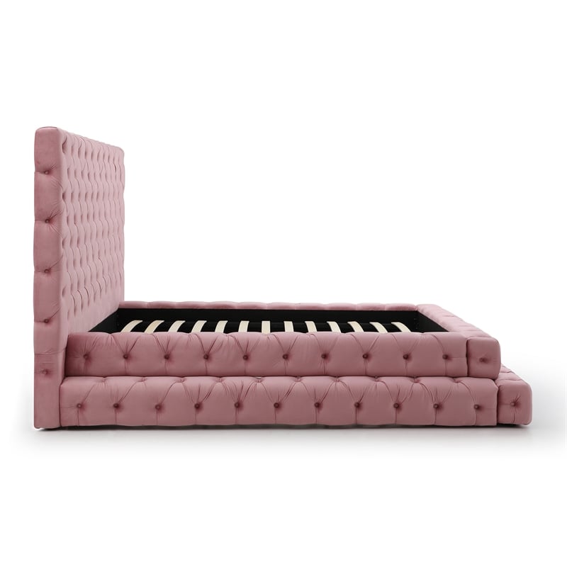 Pemberly Row Queen Size Luxurious Upholstered Velvet Bed in Pink Color