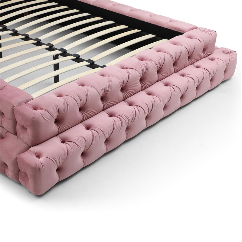Pemberly Row Queen Size Luxurious Upholstered Velvet Bed in Pink Color