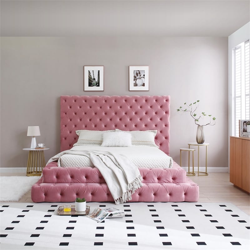 Pemberly Row Queen Size Luxurious Upholstered Velvet Bed in Pink Color