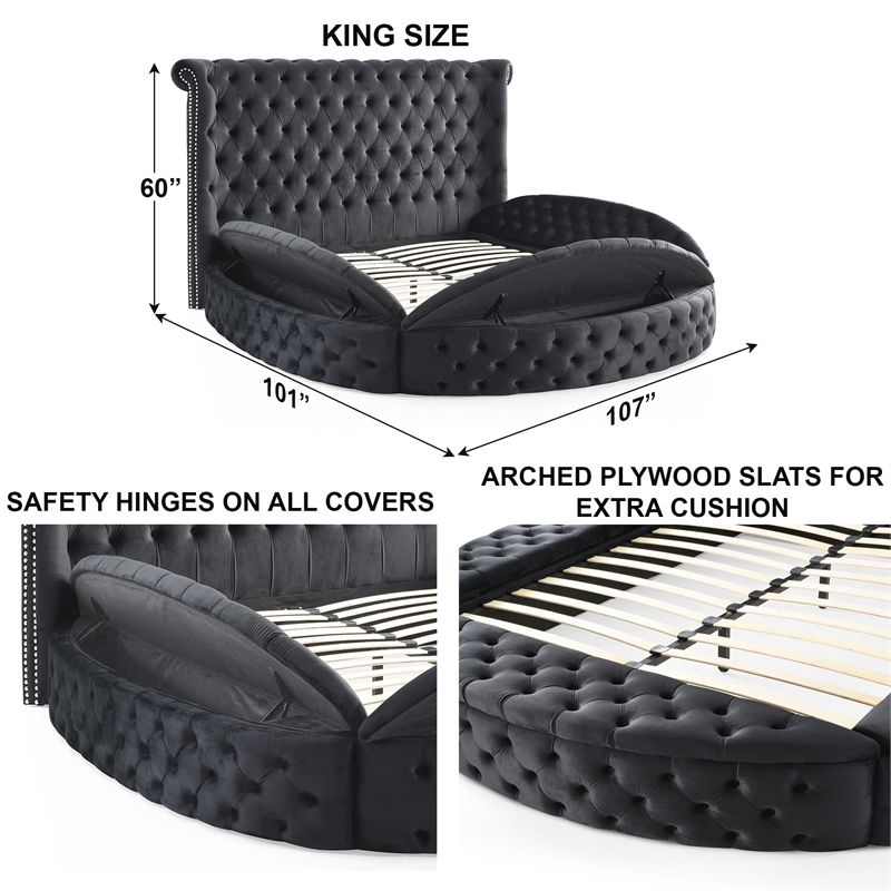 Pemberly Row Upholstered Velvet Round Storage King Size Bed in Black Color