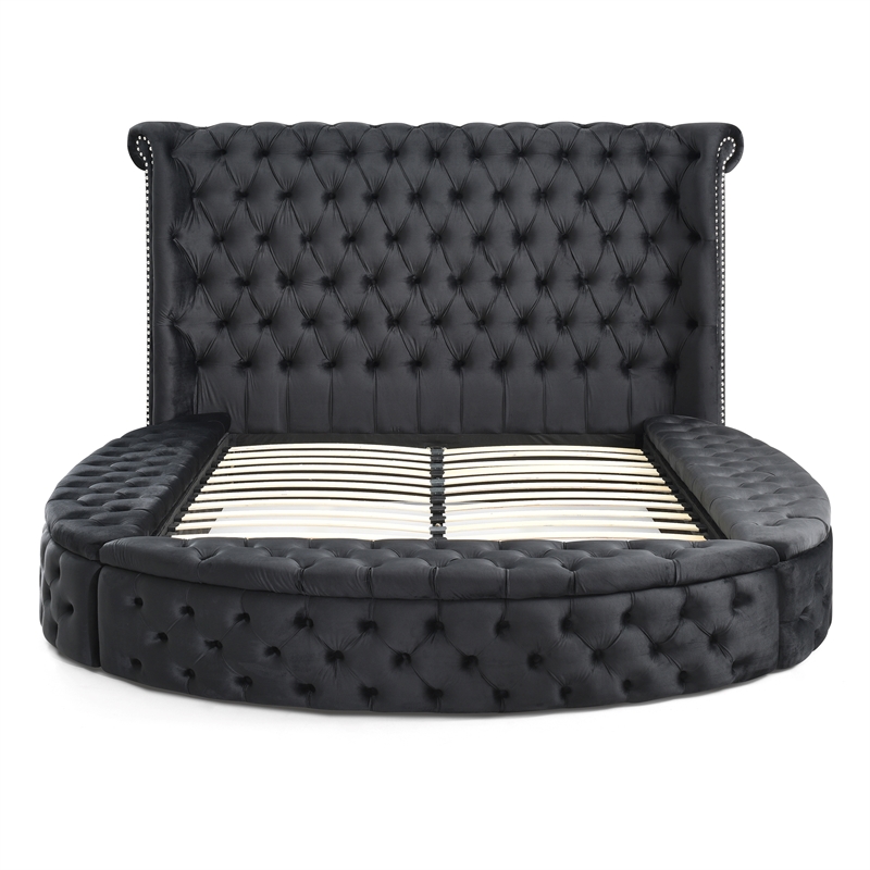Pemberly Row Upholstered Velvet Round Storage King Size Bed in Black Color