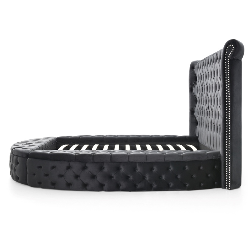 Pemberly Row Upholstered Velvet Round Storage King Size Bed in Black Color