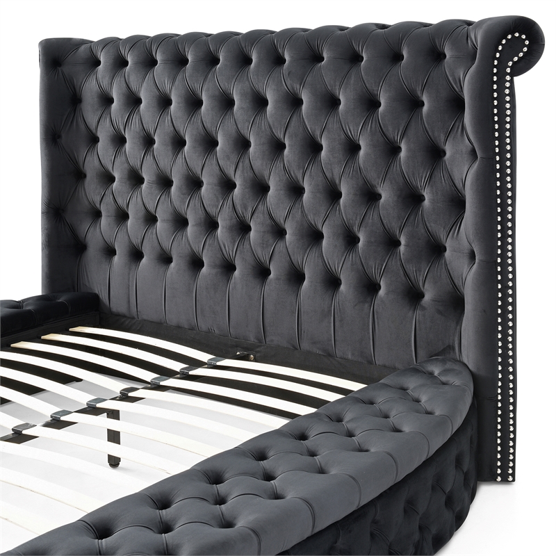 Pemberly Row Upholstered Velvet Round Storage King Size Bed in Black Color