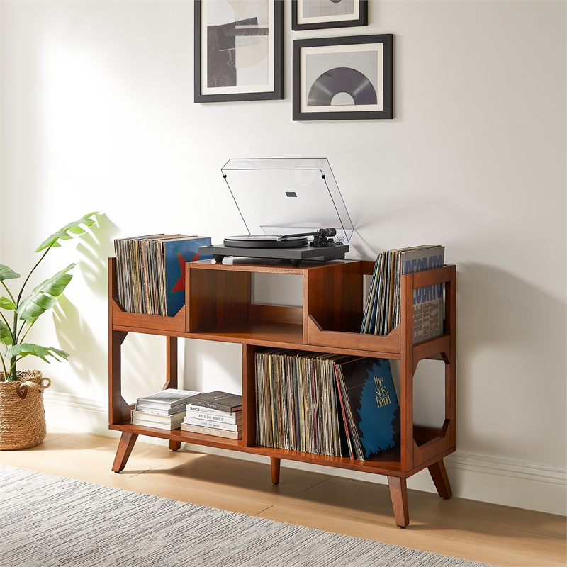 Pemberly Row Contemporary Large Record Storage Console Walnut
