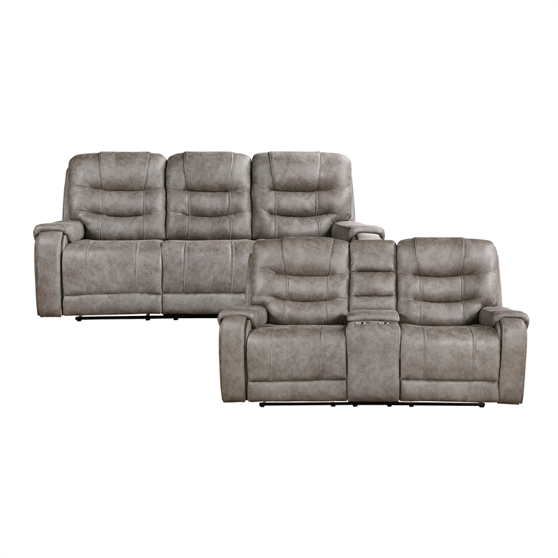 Pemberly Row 2-Piece Microfiber Double Reclining Sofa Set in Grayish brown