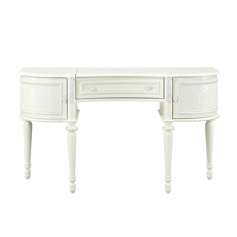 Pemberly Row 3-Drawer Transitional Wood Vanity Desk and Mirror in Ivory