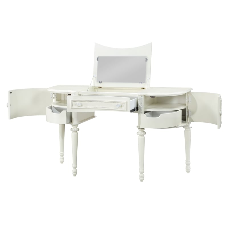 Pemberly Row 3-Drawer Transitional Wood Vanity Desk and Mirror in Ivory