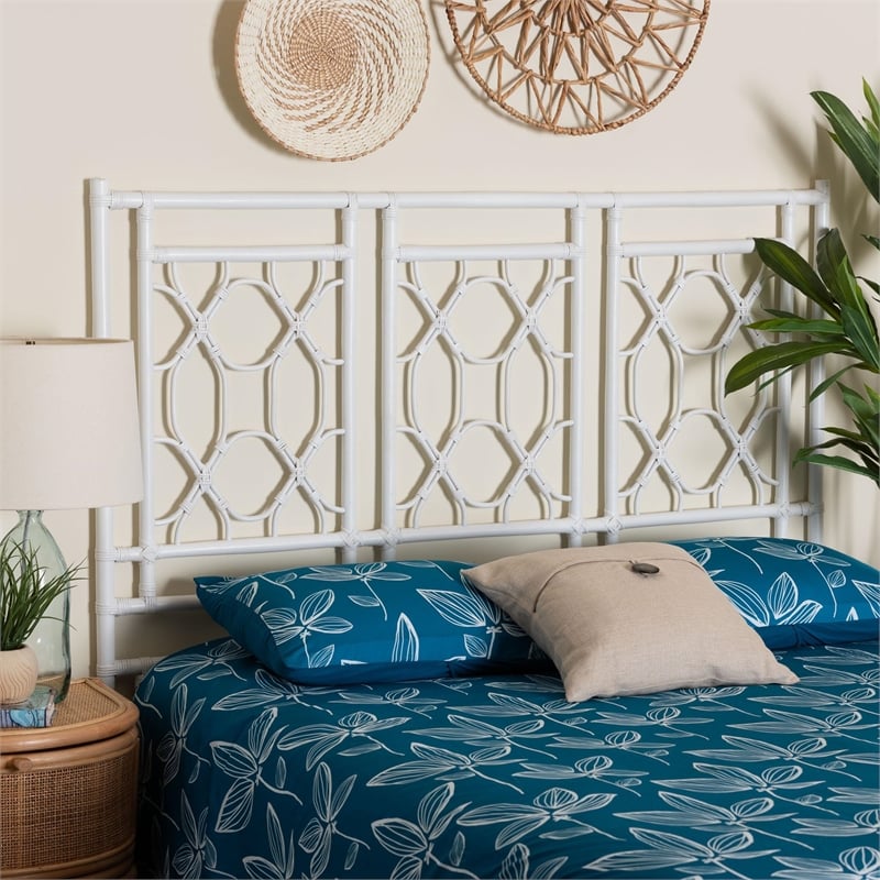 Pemberly Row Bohemian White Rattan Queen Size Standalone Headboard