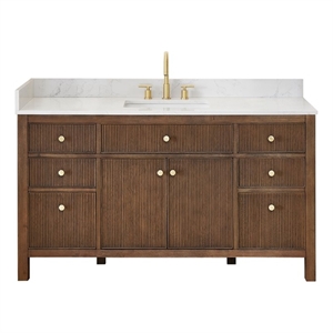 Pemberly Row 60&quot Single Wood Vanity in Brown Brushed Oak Engineered Stone Top/NM