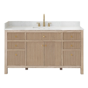 Pemberly Row 60&quot Single Wood Vanity in Nature Oak Engineered Stone Top no Mirror