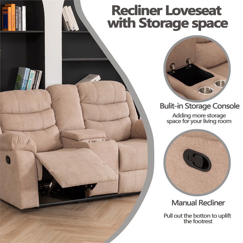 Pemberly Row Fabric Reclining Sofa Set Modern Chair & Loveseat & Sofa Set Camel