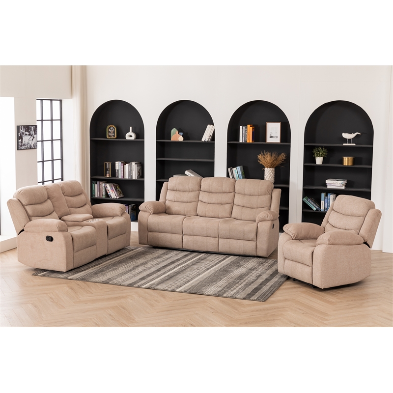 Pemberly Row Fabric Reclining Sofa Set Modern Chair & Loveseat & Sofa Set Camel
