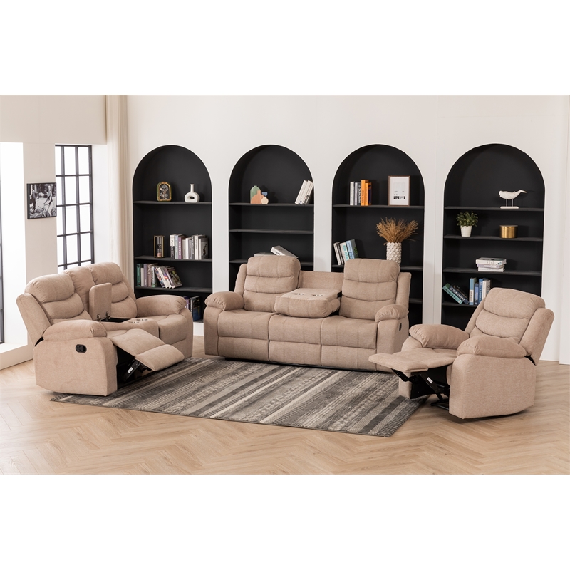 Pemberly Row Fabric Reclining Sofa Set Modern Chair & Loveseat & Sofa Set Camel