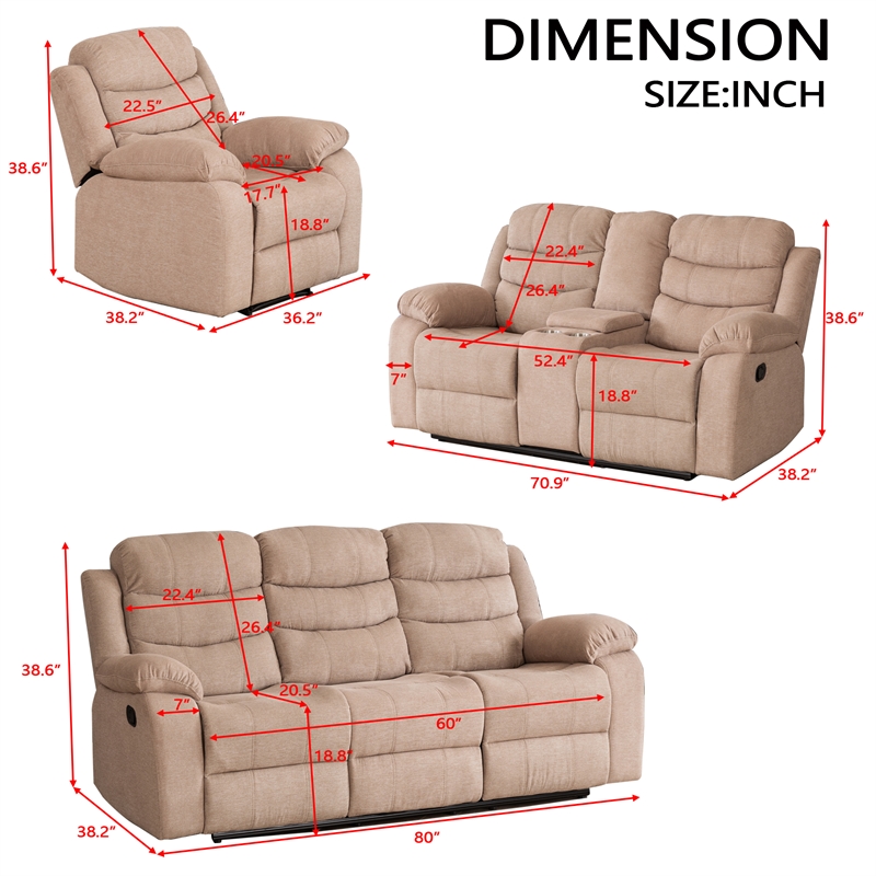 Pemberly Row Fabric Reclining Sofa Set Modern Chair & Loveseat & Sofa Set Camel
